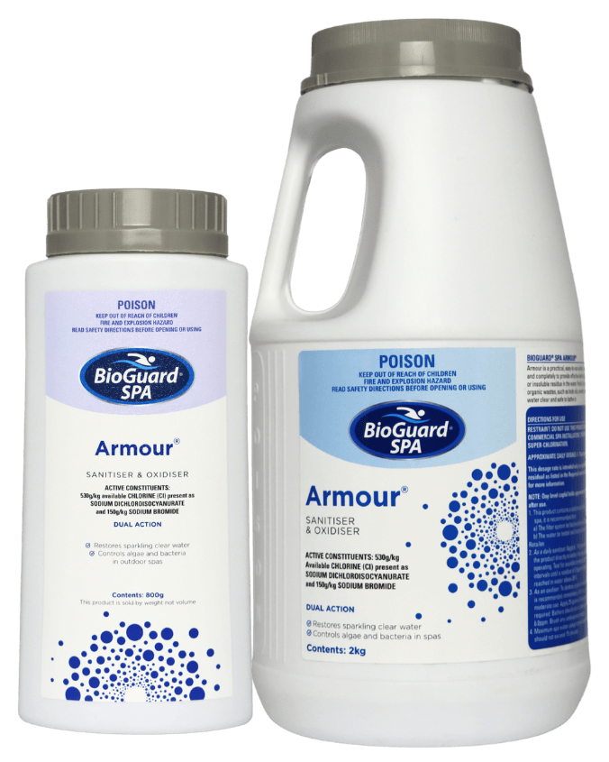 Two bottles of BioGuard Spa Armour on a black background