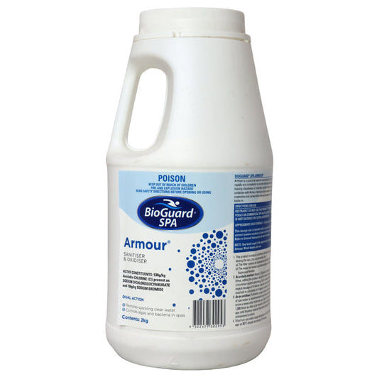 A white plastic bottle of BioGuard SPA Armour hard water treatment with a blue and white label, isolated on a white background.