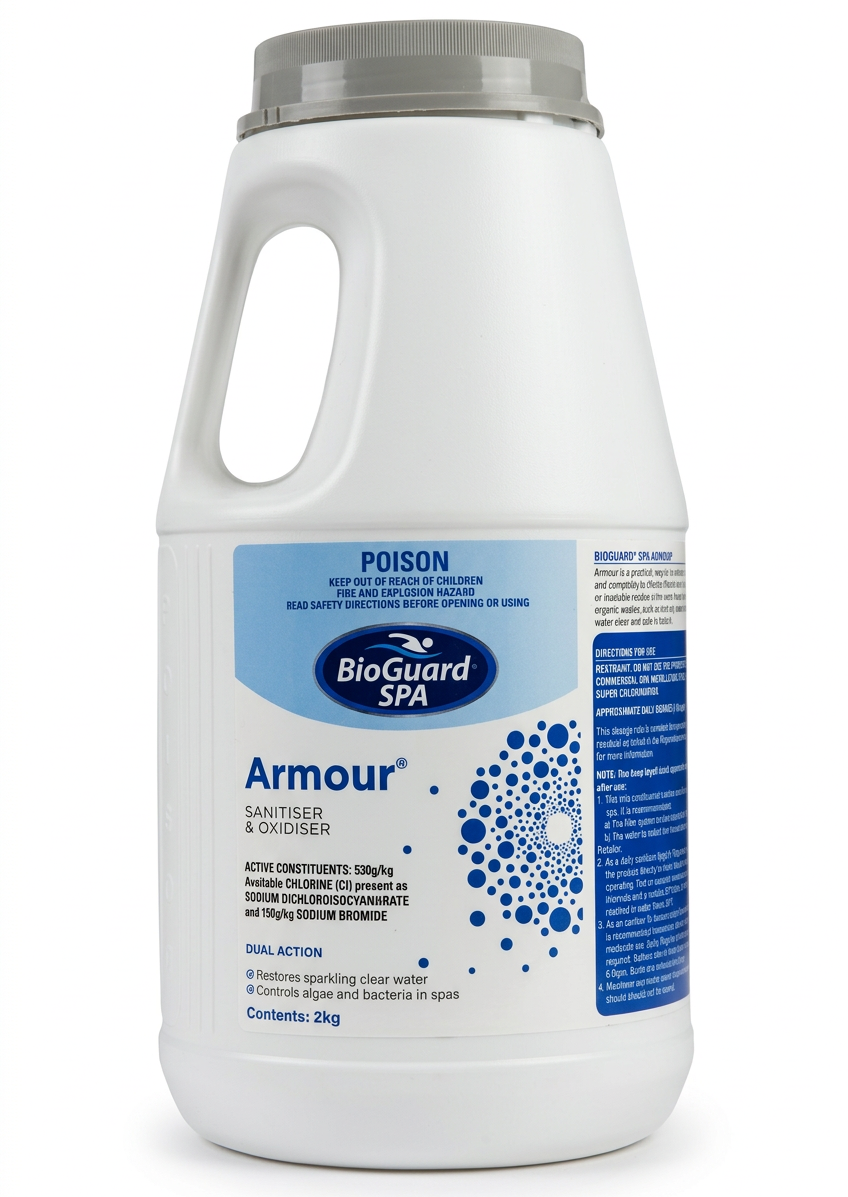 A 2kg white plastic bottle of BioGuard SPA Armour Sanitiser & Oxidiser, featuring a blue and white label with safety instructions and product details.