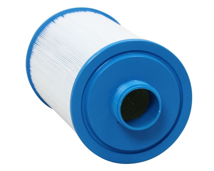 Blue and white filter cartridge on a white background