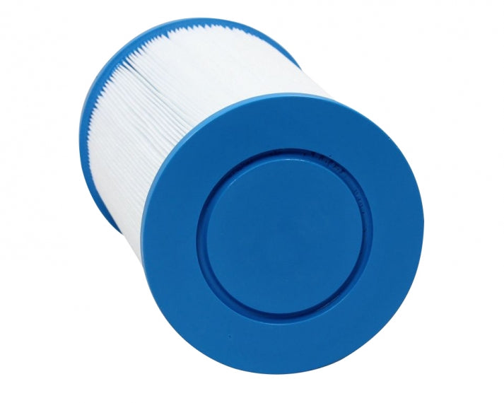 Blue and white cylindrical filter on a white background