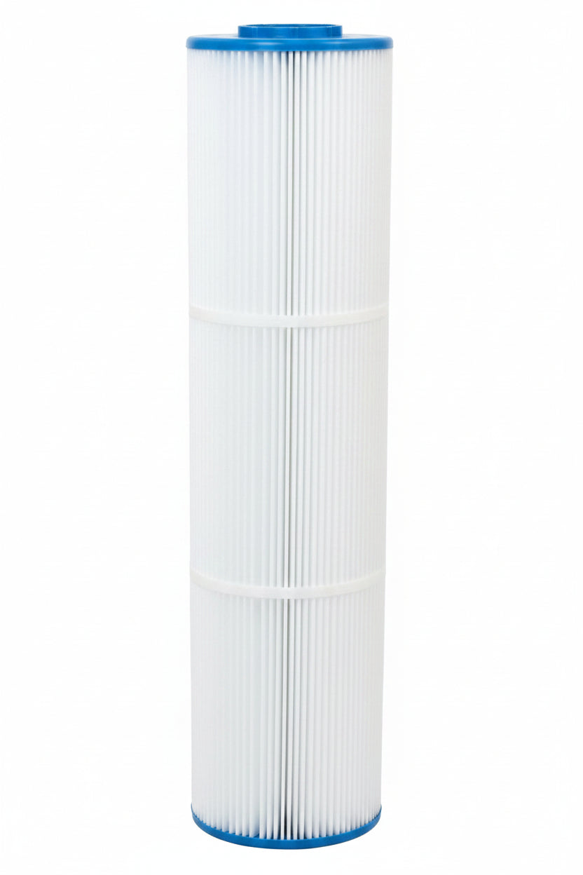 A cylindrical replacement filter cartridge with a white pleated body and blue plastic end caps, shown against a plain white background.