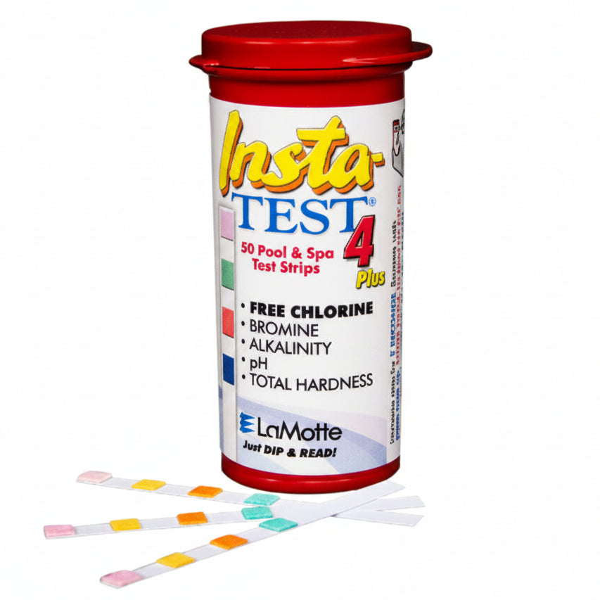 Insta Test 4 pool and spa test strips with red lid on a white background