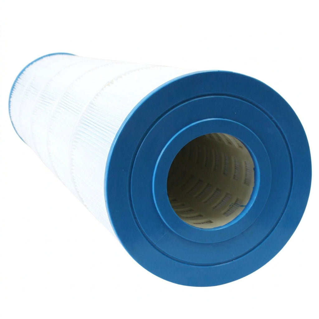 A cylindrical replacement filter cartridge with a white pleated body and a blue plastic end cap, shown on a plain white background.