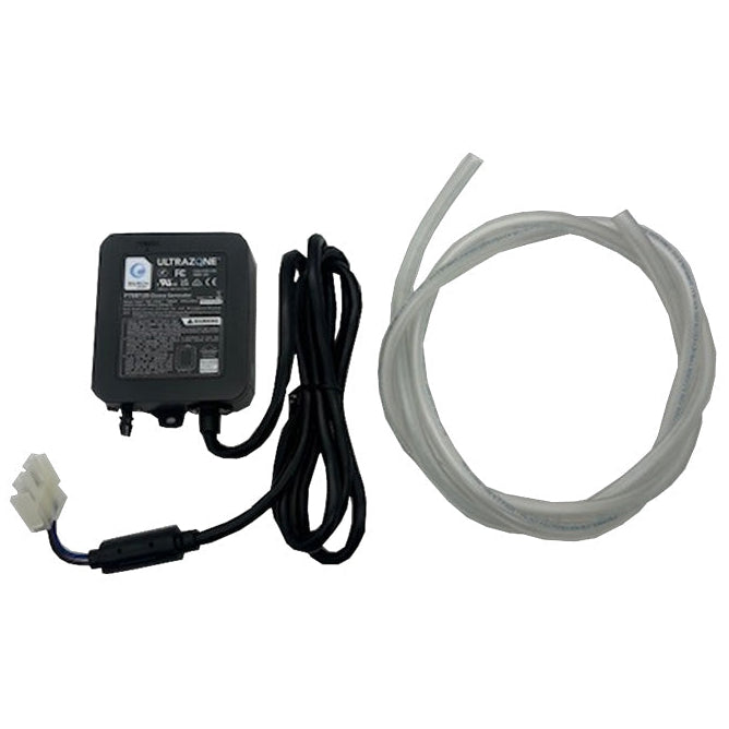 An aquarium airstream pump kit featuring a black rectangular power adapter with a white connector plug and a coiled clear plastic tube, shown on a plain white background.