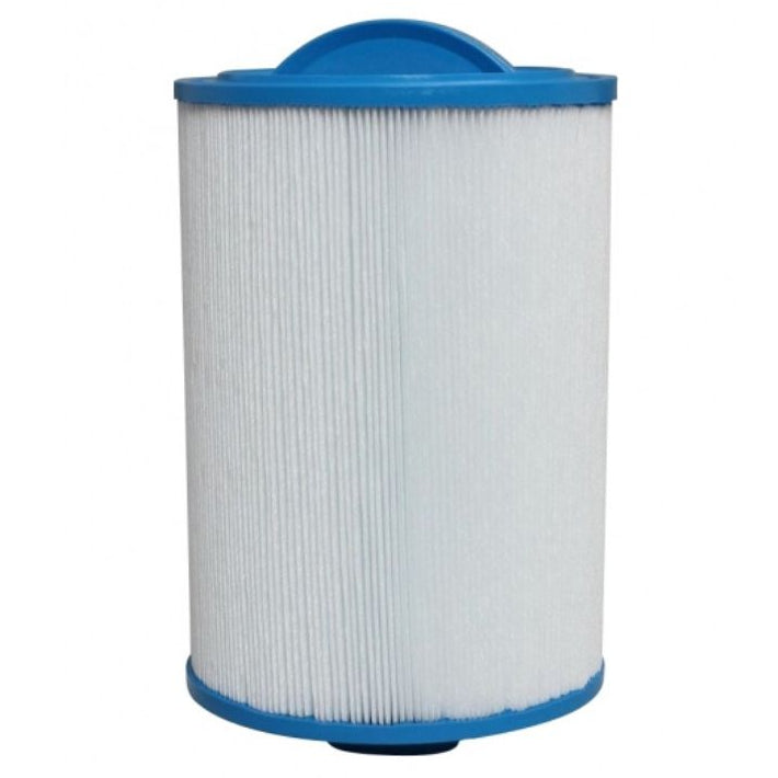 A cylindrical replacement filter cartridge with a pleated white body and blue plastic top and bottom caps, shown against a plain white background.