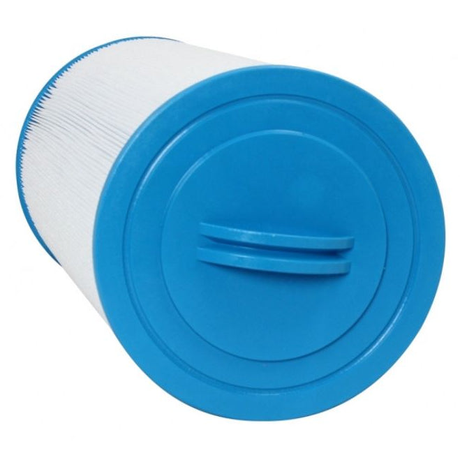 A cylindrical replacement filter cartridge with a white pleated body and a bright blue plastic end cap, shown on a plain white background.