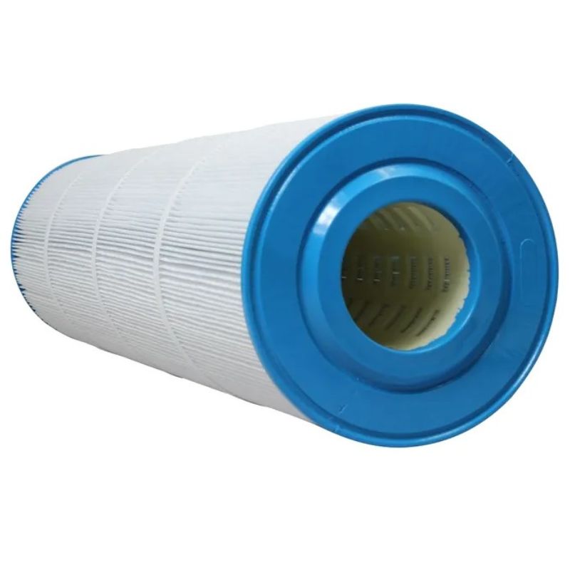 A cylindrical pleated filter cartridge with a white pleated body and bright blue plastic end caps, shown on a plain white background.