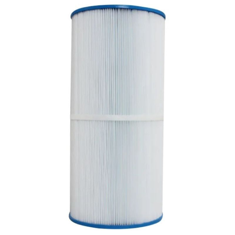 A cylindrical pleated filter cartridge with white pleated media and blue plastic end caps, shown against a plain white background.