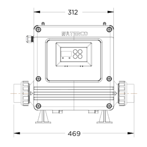 Technical dimension drawing of a WATERCO industrial control box or pump housing, showing front view with measurement annotations 312 and 469 on a white background.