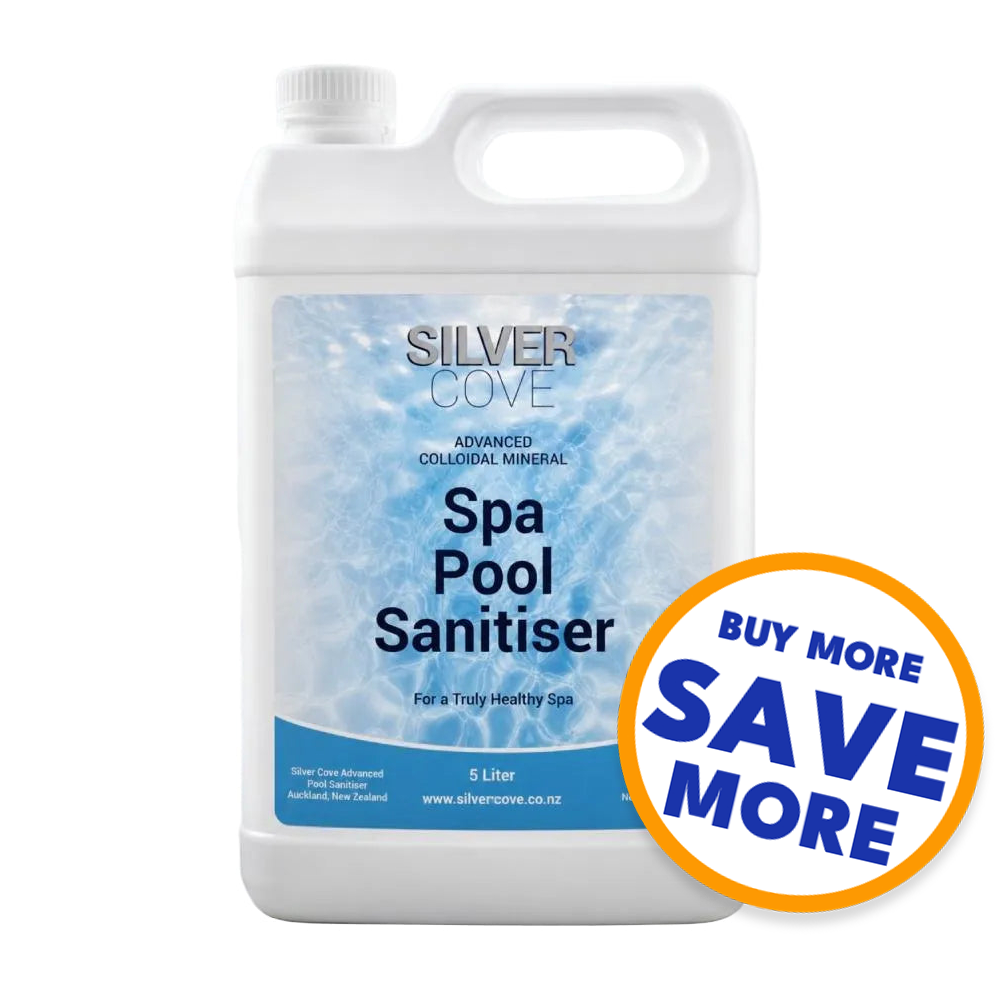 A 5-liter white plastic jug of Silver Cove Spa Pool Sanitiser with a blue and white label, shown on a white background with a 'BUY MORE SAVE MORE' promotional sticker overlay.
