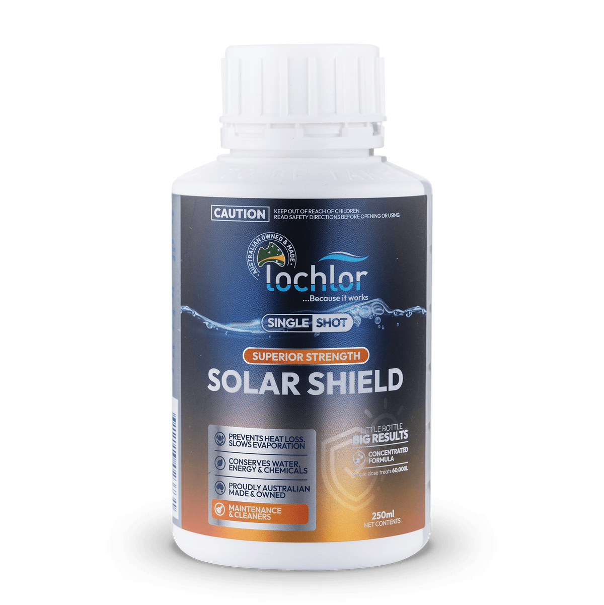 A white plastic bottle of Lochler Solar Shield single shot supplement, featuring a dark blue and orange label, on a clean white background.