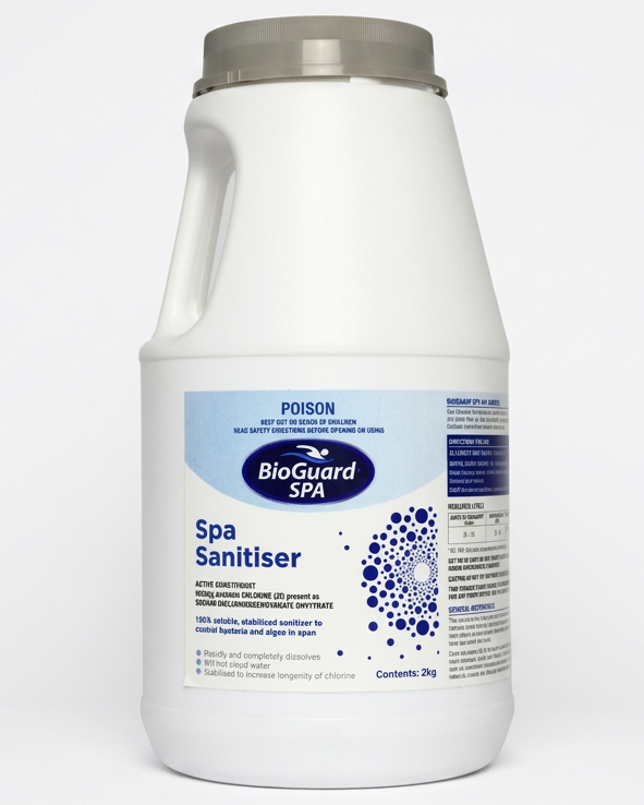 A 26g plastic bottle of BioGuard Spa Spa Sanitisser with a white body, gray cap, and blue and white label, shown on a light gray background.