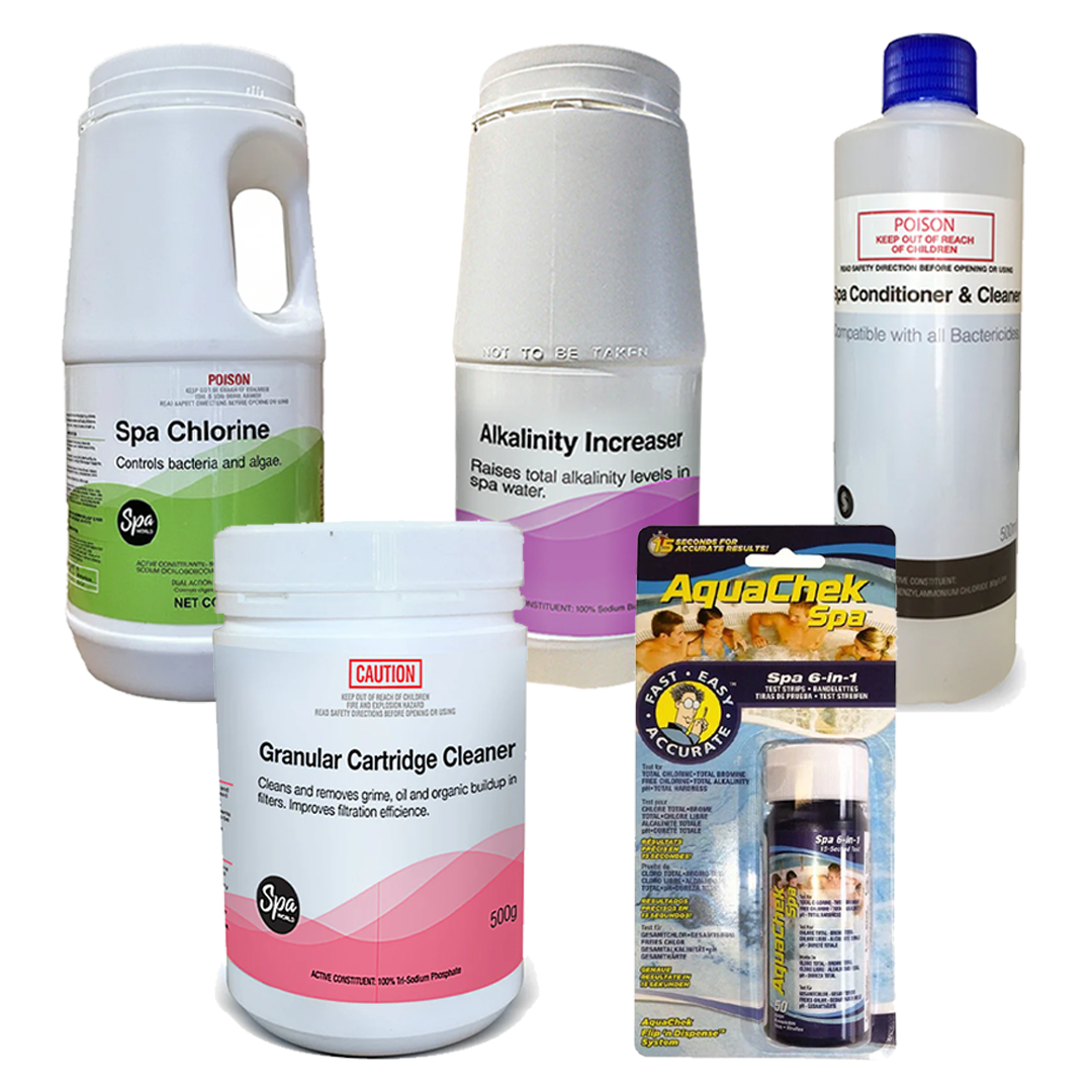 Spa Store Water Care Start Up Kit (Chlorine + Increaser + Filter Cleaner + Conditioner + Cleaner + Test strips)