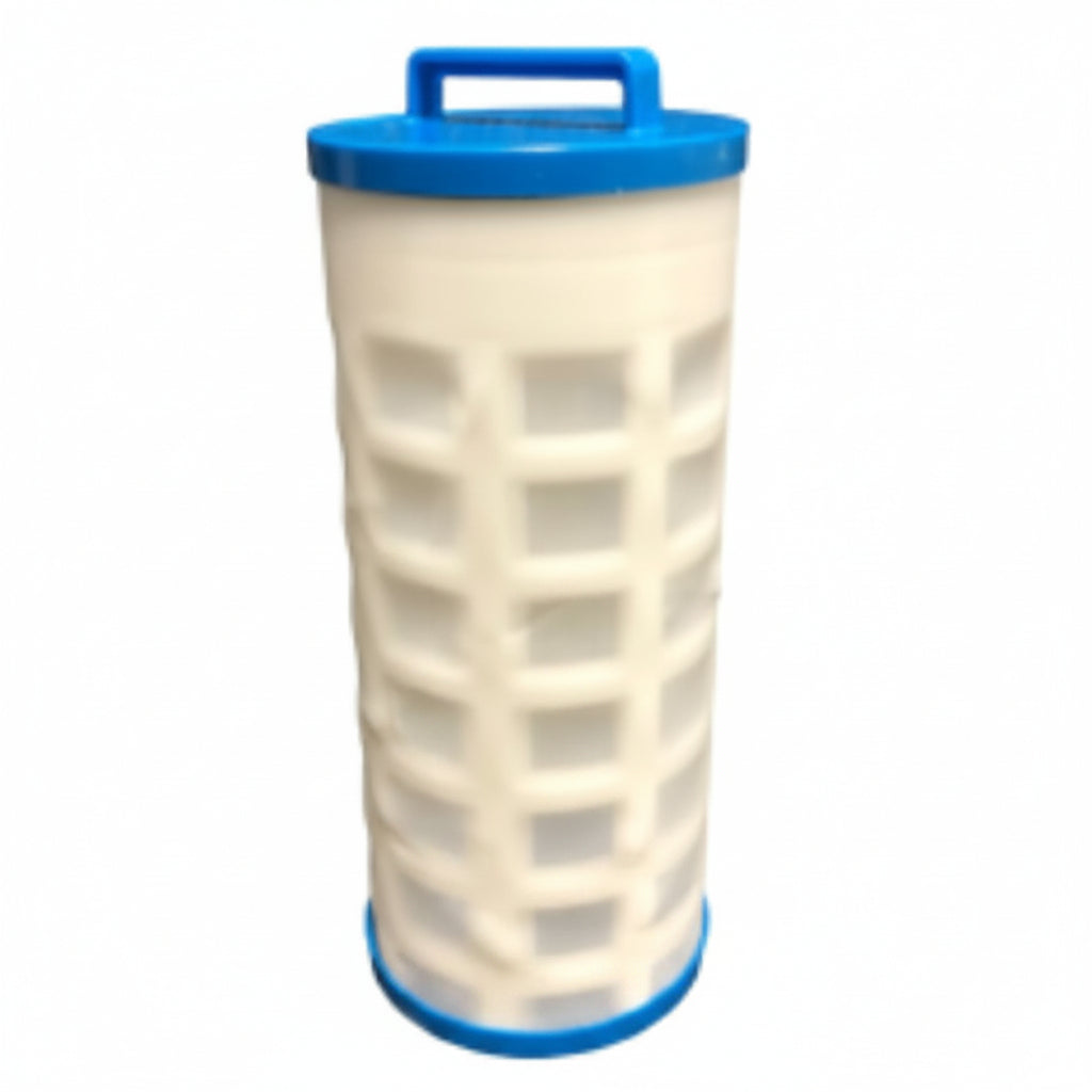 Filter cartridge with blue top and bottom on a white background
