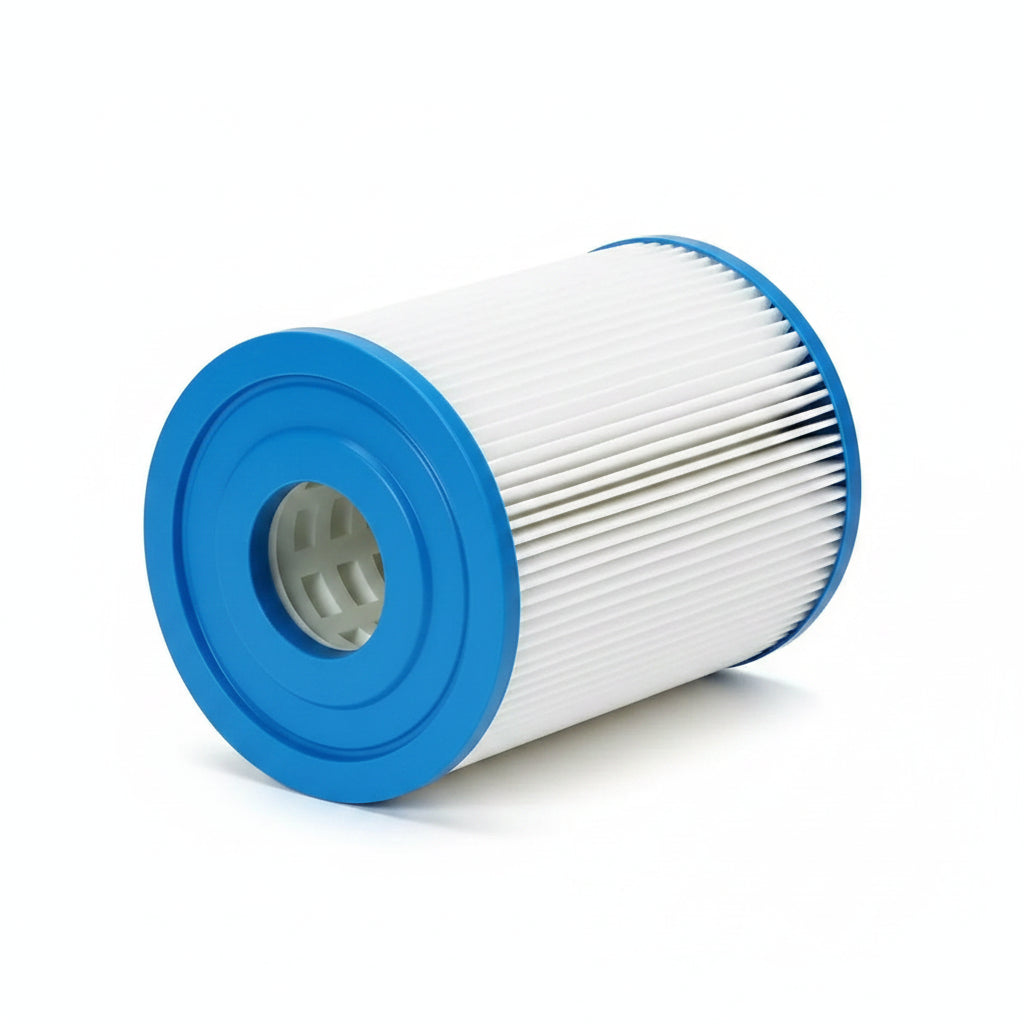 Blue and white cylindrical filter on a white background