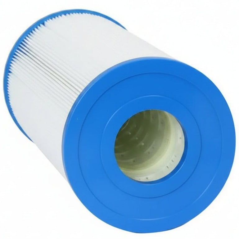 Blue and white cylindrical filter cartridge on a white background