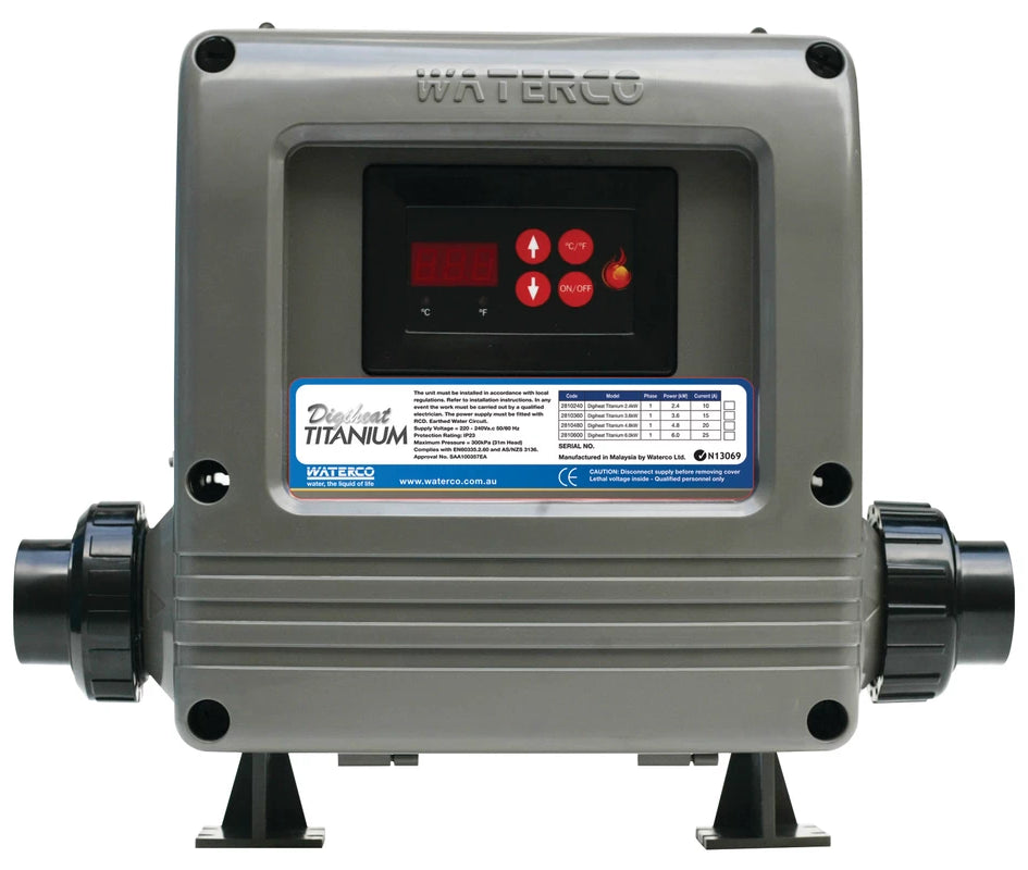 Waterco Digital Titanium 3000 pump controller in a gray aluminum housing with a black digital display and red buttons, shown on a white background.
