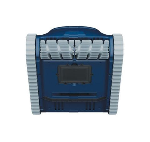 A blue robotic pool cleaner with white tracks and a black central panel, shown from a top-down view on a white background.