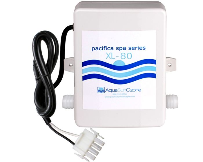 A white rectangular AquaSur Ozone XL-80 spa controller with a black power cable and white connector, shown on a plain white background.