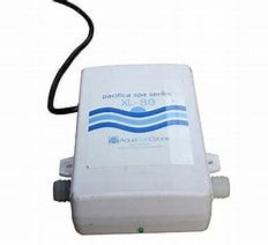 A white electronic signal conditioner or filter box with blue wave graphics and text, featuring a black cable entering from the top and gray connectors on the sides, shown against a plain white background.