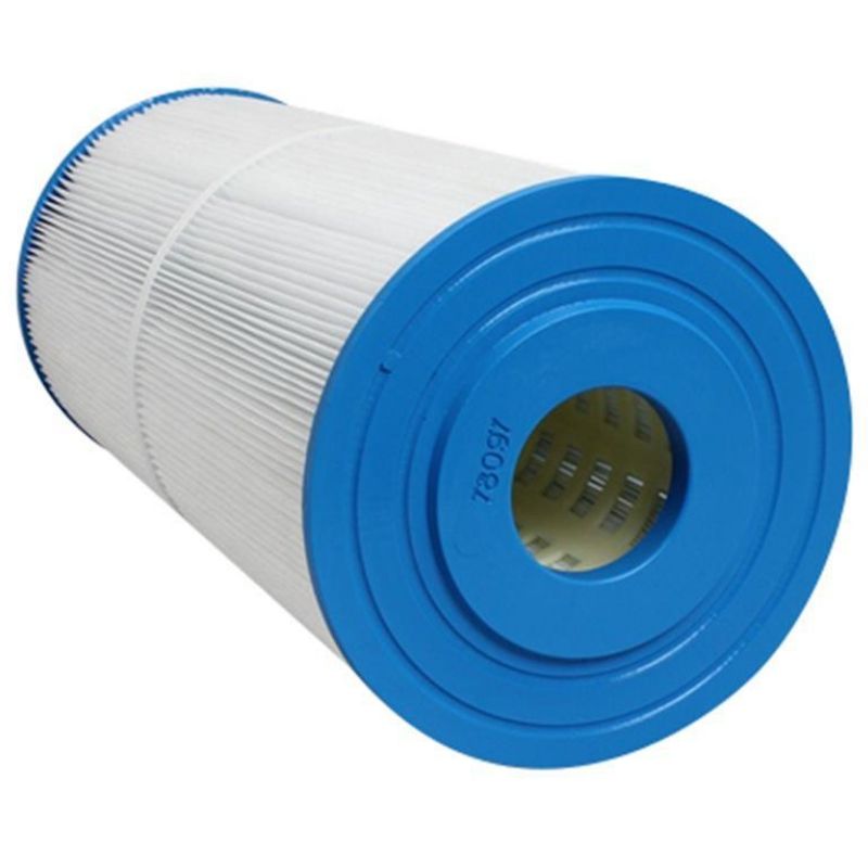 A cylindrical replacement pool or spa filter cartridge with a white pleated body and bright blue plastic ends, shown on a plain white background.