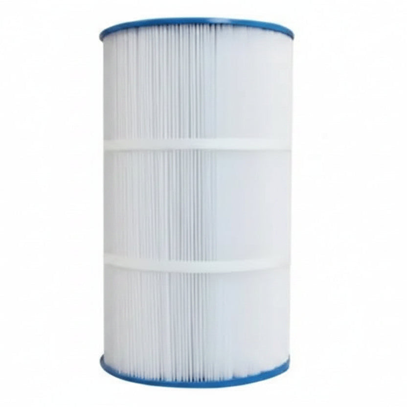 Cylindrical filter cartridge with blue top and bottom on a white background