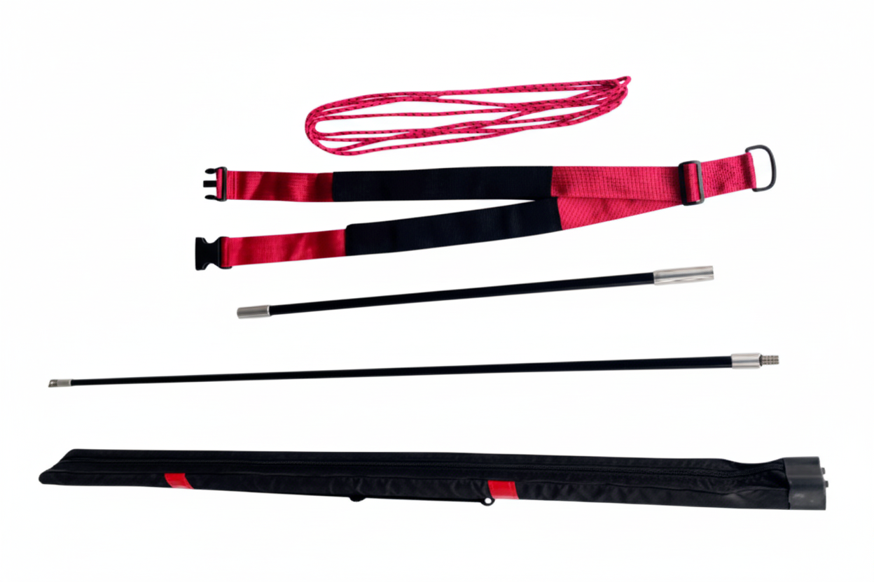 Set of black and red fishing rod and reel combos on a white background