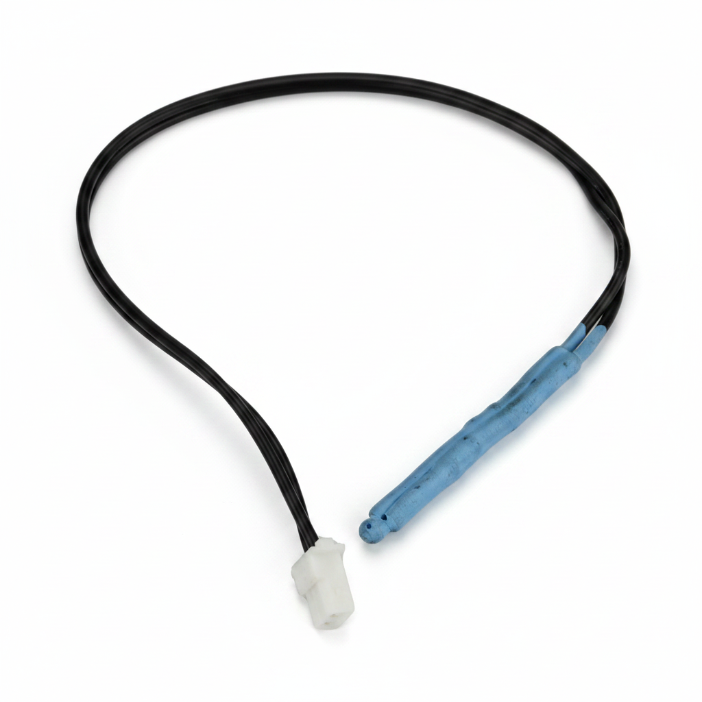 Black and blue cable with a white connector on a white background